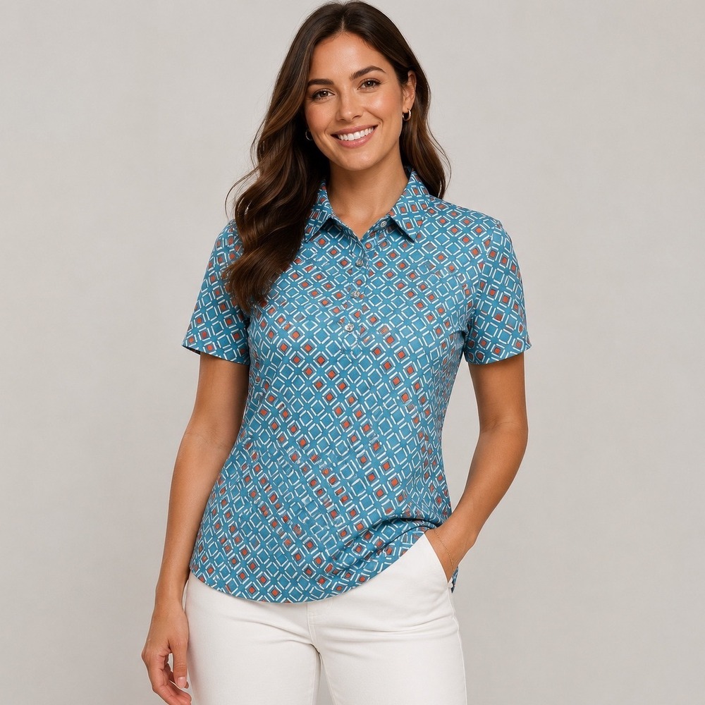 N'vo Polo Shirt Size Large Blue Geometric Diamond Print Short Sleeve Golf Top